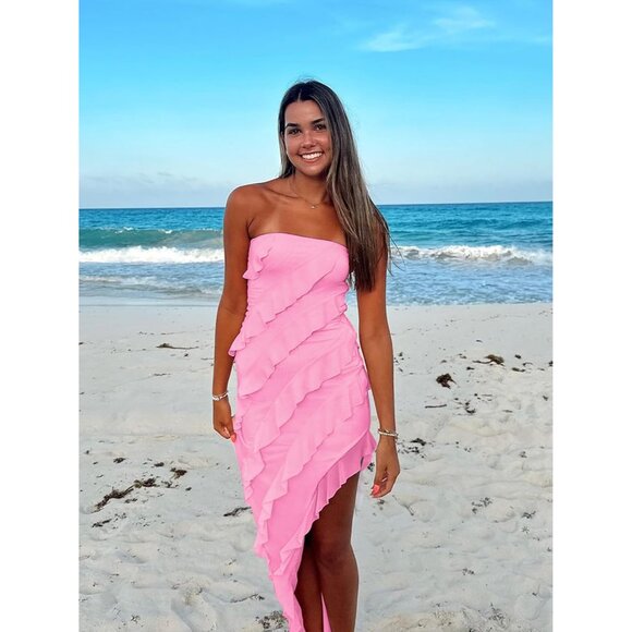 Women's Strapless Bodycon Ruffle Dress Cocktail Party Plus Size - Picture 4 of 5